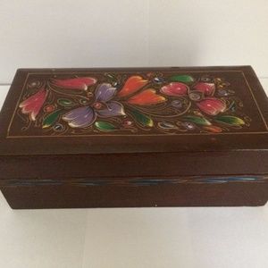 Wood box with multicolor flowers and blue ribbon